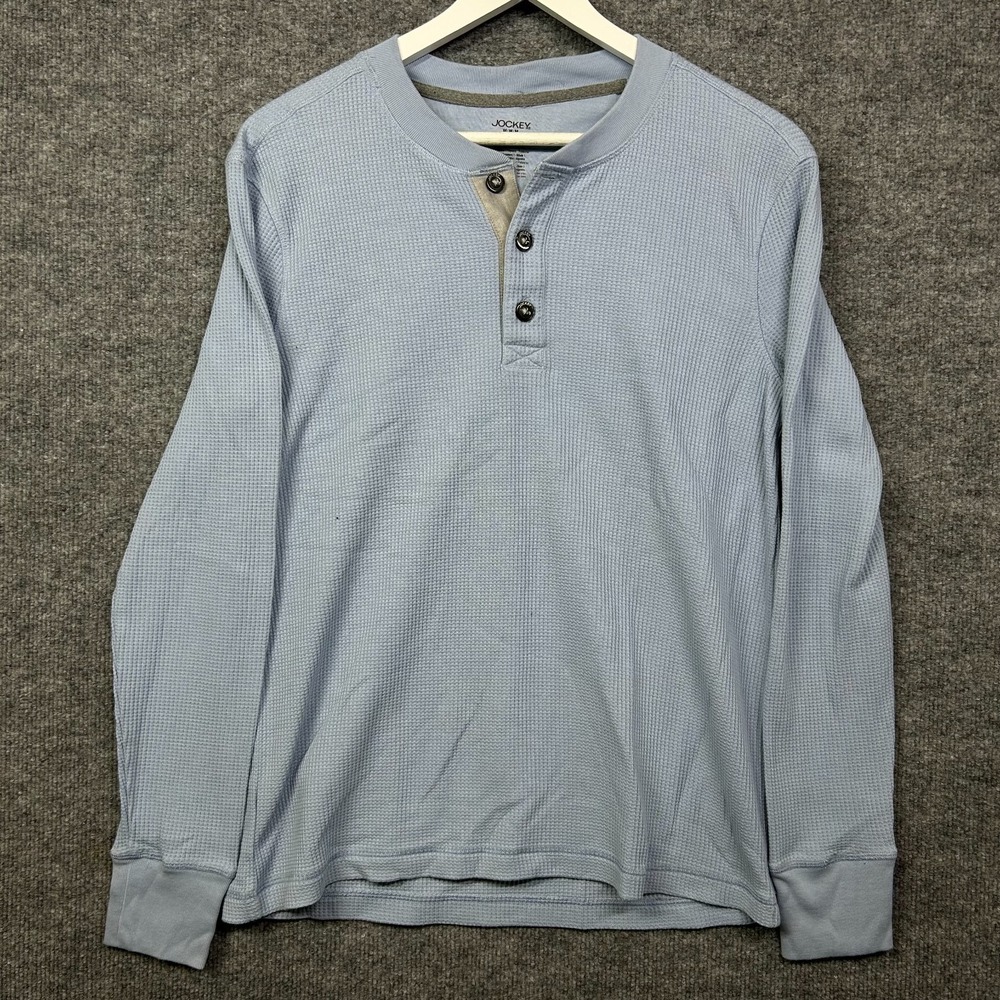 Jockey Waffle Knit Henley Shirt Men's Blue Casual Long Sleeve Thermal - Medium